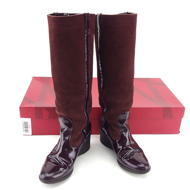 サルヴァトーレ フェラガモ ブーツ ブランドブーツ ブーツ シューズ 靴 アウトレット 夏 アイテム ボルドー系 ロング スエード×エナメルレザー 異素材切替え 送料無料 【中古】 t787