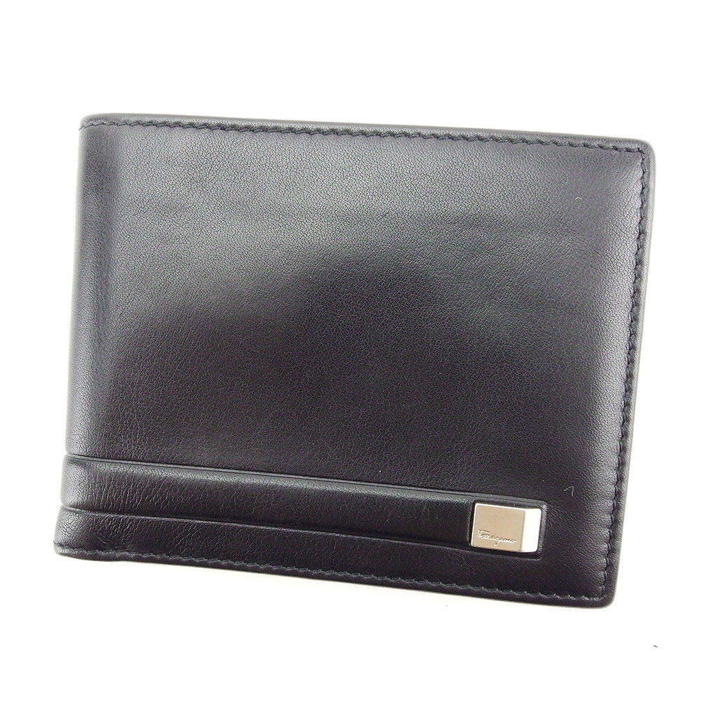 【中古】 サルヴァトーレ フェラガモ Salvatore Ferragamo 二つ折り 札入れ ブラック×シルバー ロゴプレート メンズ T3276