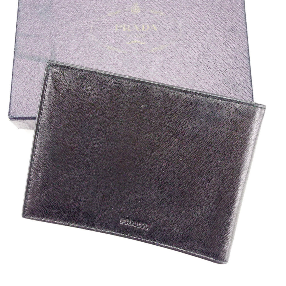 【スプリングセール30％OFF】プラダ 二つ折り 札入れ ロゴ ブラック レザー PRADA 【プラダ】 t3523s 【中古】