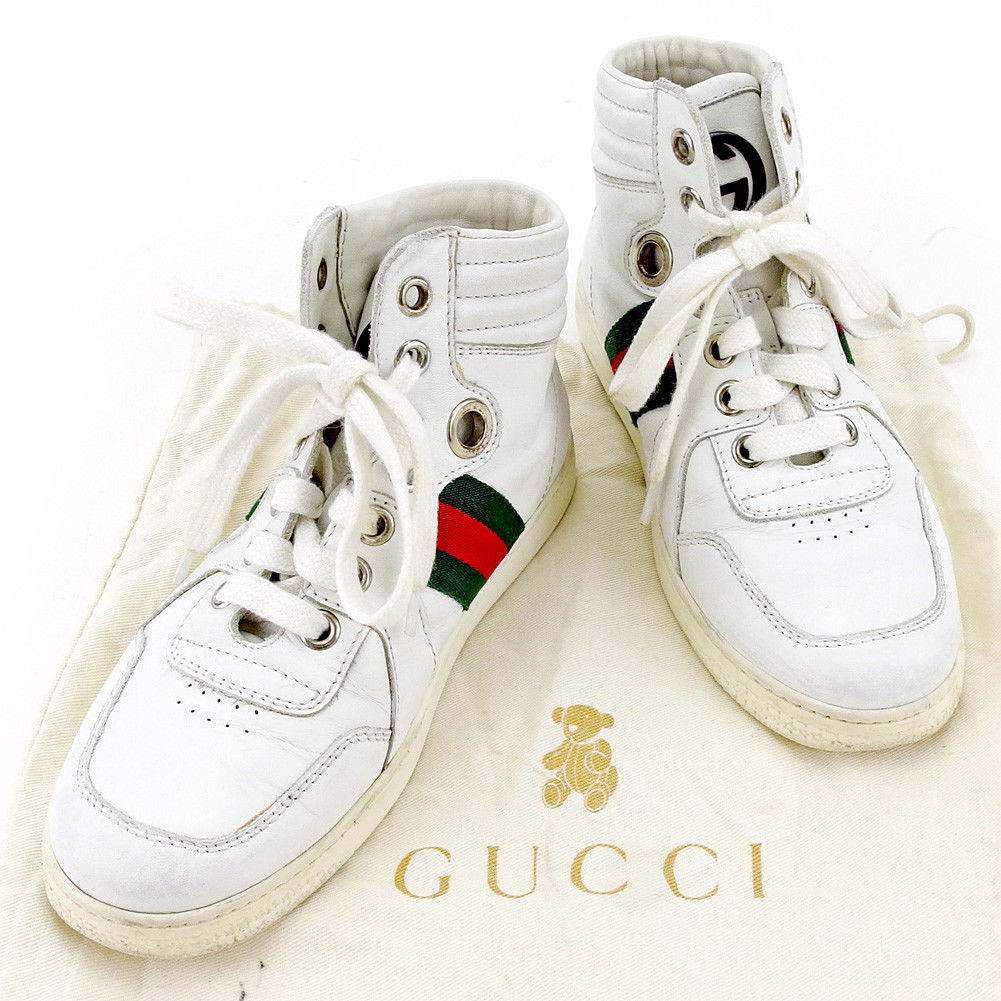 【楽天スーパーSALE】グッチ GUCCI スニーカー シューズ 靴 ガールズ ボーイズ 可 ♯30 ハイカット ホワイト×グリーン×レッド系 レザー 【グッチ】 T4036 【中古】