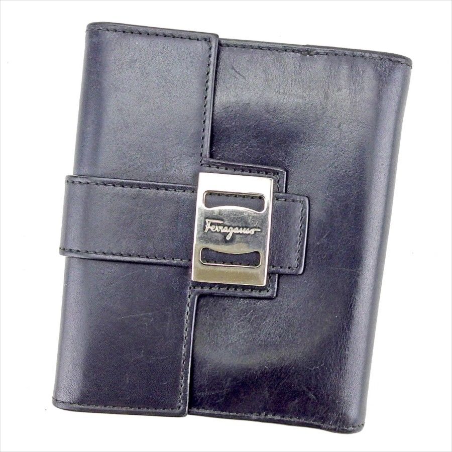 【スプリングセール】サルヴァトーレ フェラガモ Wホック 財布 二つ折り ヴァラ ブラック×シルバー レザー Salvatore Ferragamo ホックサイフ ホック財布 財布 サイフブランド財布 ユニセックス 小物 人気 男性 女性 【フェラガモ】 T4188 【中古】