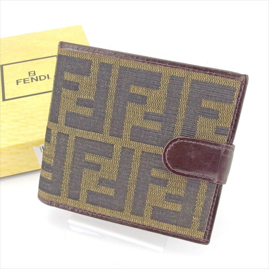 【スプリングセール30％OFF】フェンディ 二つ折り 財布 ズッカ カーキ×ブラック×ブラウン キャンバス×レザー FENDI 【フェンディ】 t4445s 【中古】