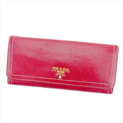 【スプリングセール30％OFF】プラダ 長財布 二つ折り 財布 レッド ゴールド レザー PRADA 長サイフ サイフ 収納ブランド財布 ユニセックス 小物 【プラダ】 T5787 【中古】