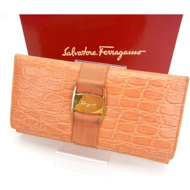 【スプリングセール30％OFF】サルヴァトーレ フェラガモ 長財布 ヴァラ金具 オレンジ Salvatore Ferragamo 【フェラガモ】 t14394s 【中古】