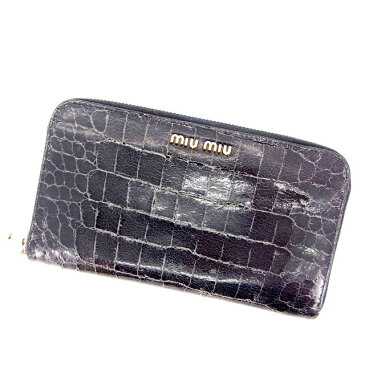 【中古】 ミュウミュウ miumiu 長財布 ラウンドファスナー ブラック レディース メンズ ユニセックス サイフ 小物 ブランド 人気 贈り物 財布 収納 在庫一掃 迅速発送 在庫処分 男性 女性 良品 夏 1点物 T11457