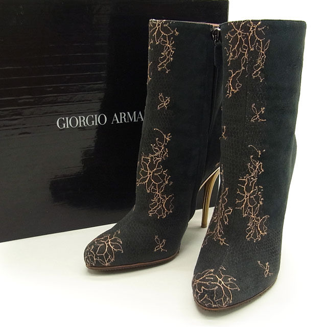 【スプリングセール】【中古】 ジョルジオ アルマーニ GIORGIO ARMANI ブーツ ミドル丈 シューズ 靴 レディース ♯37 ピンヒール ブラック×サーモンピンク 【ジョルジオ アルマーニ】 T12721