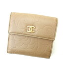 【スプリングセール】シャネル Wホック財布 カメリア ベージュ レザ- CHANEL 【シャネル】 t12971s 【中古】