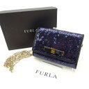 【スプリングセール】フルラ カードケース カード チェーンショルダー スパンコール ネイビー×ブラック FURLA 【フルラ】 t11650s 【中古】