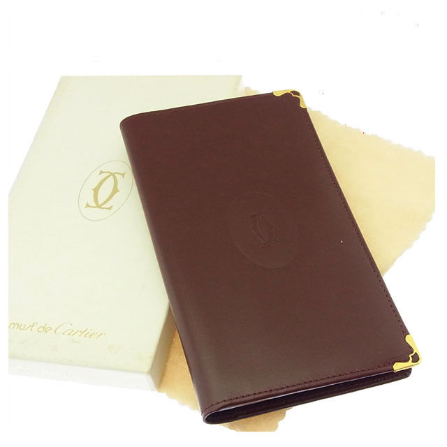 【スプリングセール】カルティエ 長札入れ 二つ折り 角プレート付き マストライン ボルドー×ゴールド Cartier 【カルティエ】 t10762s 【中古】