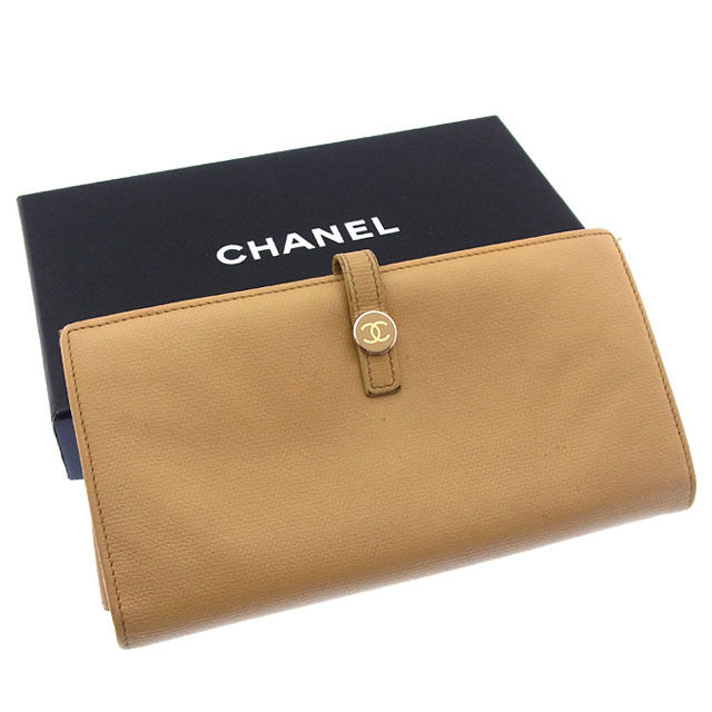 【中古】 シャネル CHANEL 長財布 Wホック 二つ折り レディース ココボタン ベージュ×ゴールド レザー (あす楽対応)激安 Y2825 .