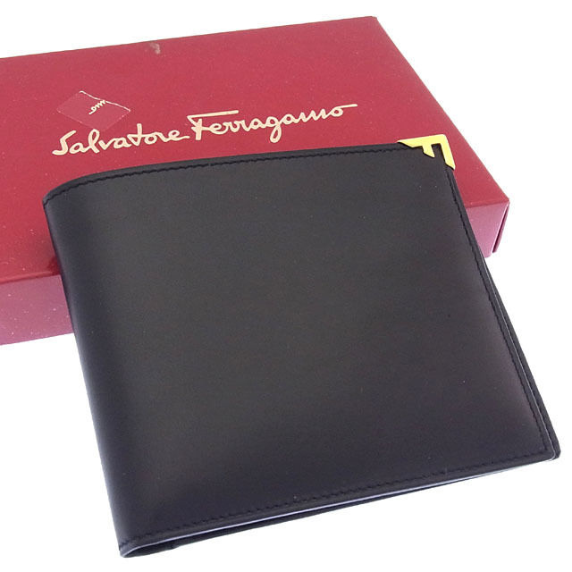 【スプリングセール30％OFF】サルヴァトーレ フェラガモ Salvatore Ferragamo 二つ折り札入れ コンパクトサイズ レディース ブラック×ゴールド 【フェラガモ】 T11433 【中古】