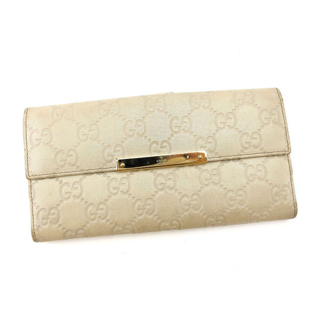 【スプリングセール】グッチ 長財布 Wホック 二つ折り ロゴプレート付き グッチシマ ライトベージュ×ゴールド GUCCI 【グッチ】 t12412s 【中古】