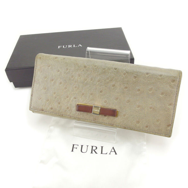 【スプリングセール30％OFF】フルラ 長財布 オーストリッチ型押し グレー×ブラウン FURLA 【フルラ】 t11292s 【中古】