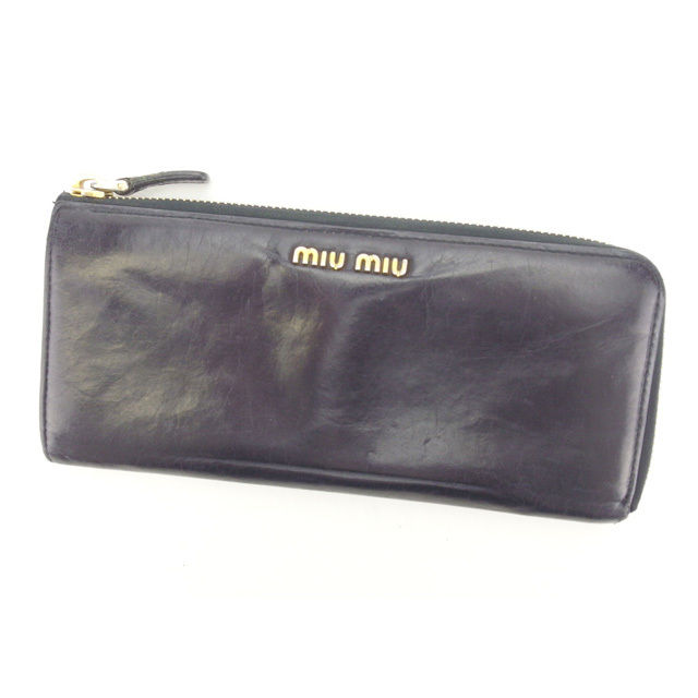 【2100円オフクーポン】 【中古】 ミュウミュウ 長財布 L字ファスナー ロゴ ブラック×パープル×ゴールド miumiu 【ミュウミュウ】 t12320s ★