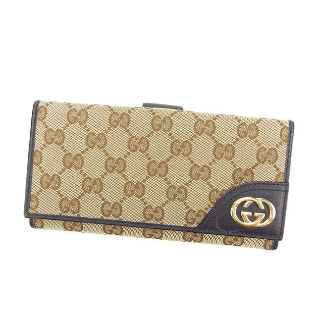 【スプリングセール】グッチ 長財布 Wホック財布 インターロッキングG GGキャンバス ベージュ×ブラウン×ブラック系 キャンバス×レザー GUCCI 【グッチ】 t11270s 【中古】