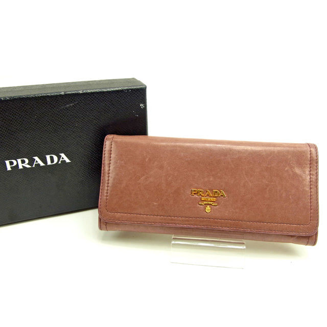 【スプリングセール30％OFF】プラダ 長財布 ファスナー付き長財布 ロゴ ダークピンク×ゴールド レザー PRADA 長サイフ サイフ 収納 ユニセックス 小物 【プラダ】 T11032 【中古】