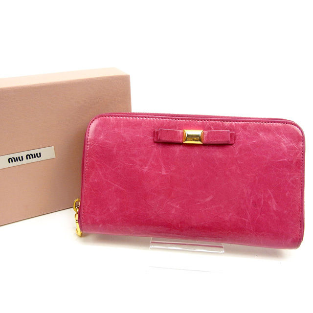 【スプリングセール】ミュウミュウ 長財布 ラウンドファスナー ロゴ ピンク レザー miu miu 長サイフ サイフ 収納 ユニセックス 小物 【ミュウミュウ】 T13407 【中古】