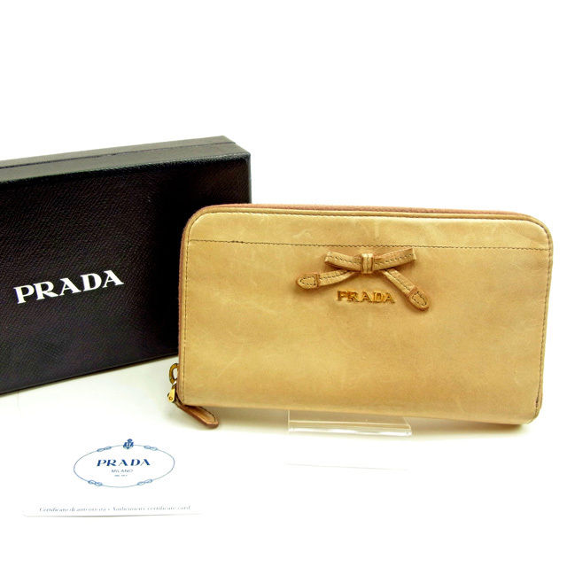 【スプリングセール30％OFF】プラダ 長財布 ラウンドファスナー ベージュ レザー PRADA 【プラダ】 t15877s 【中古】