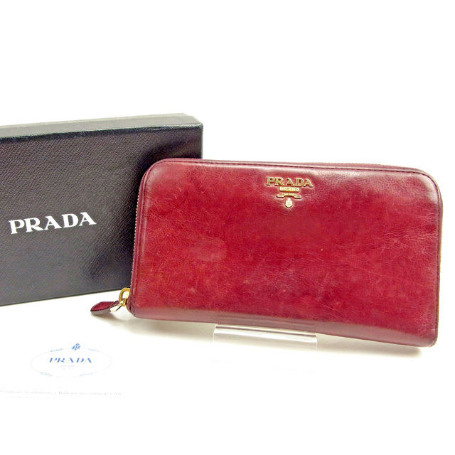 【スプリングセール30％OFF】プラダ 長財布 ラウンドファスナー ボルドー レザー PRADA 【プラダ】 t11404s 【中古】