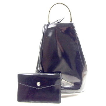 【中古】 サルヴァトーレ フェラガモ Ferragamo リュック レディース ガンチーニ ブラック エナメルレザー 人気 Y6925 .