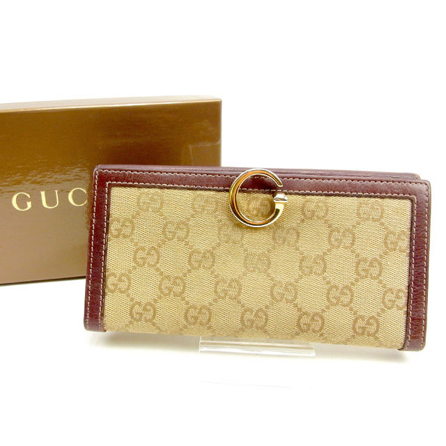 【スプリングセール】グッチ 長財布 Wホック財布 Gマーク GGキャンバス ベージュ×ダーク×パープル系 キャンバス×レザー GUCCI 長サイフ サイフ 収納 ユニセックス 小物 【グッチ】 T10659 【中古】