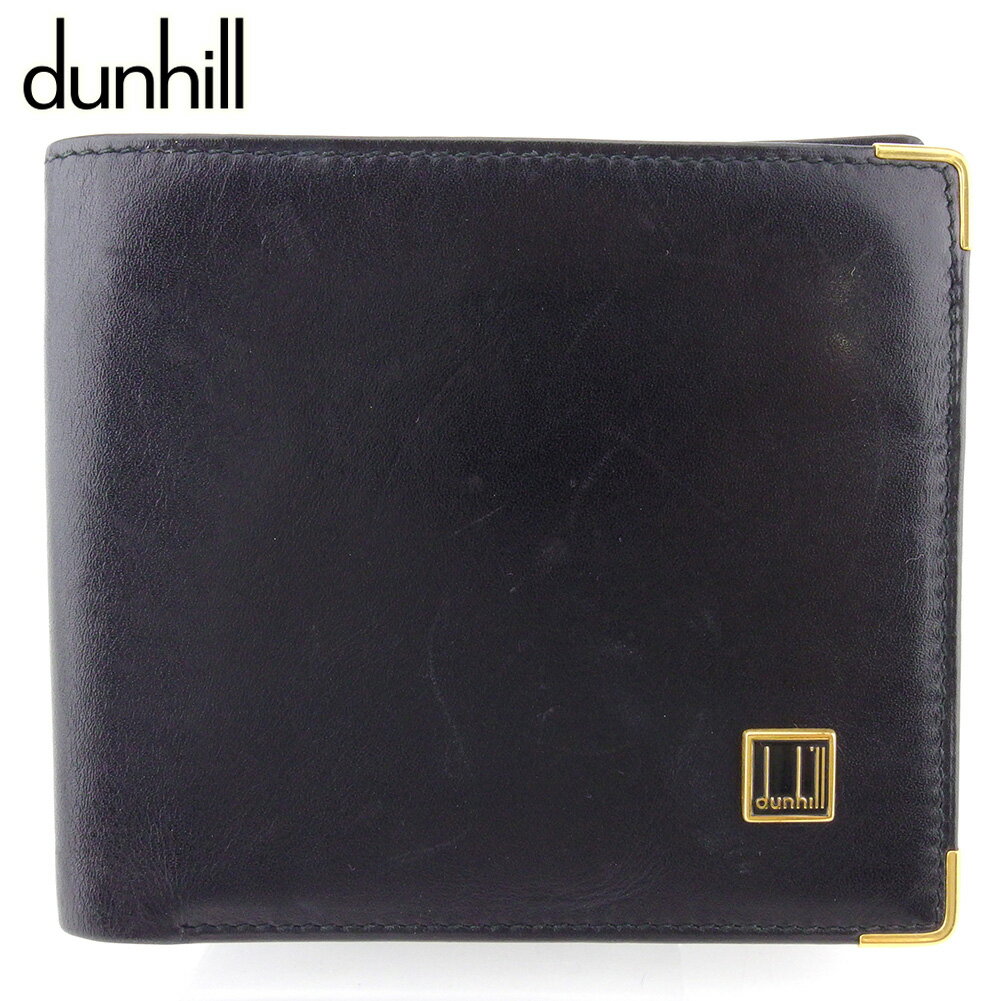 【スプリングセール30％OFF】ダンヒル 二つ折り 財布 ミニ財布 メンズ ロゴプレート ブラック ゴールド レザー dunhill 【ダンヒル】 q594s 【中古】