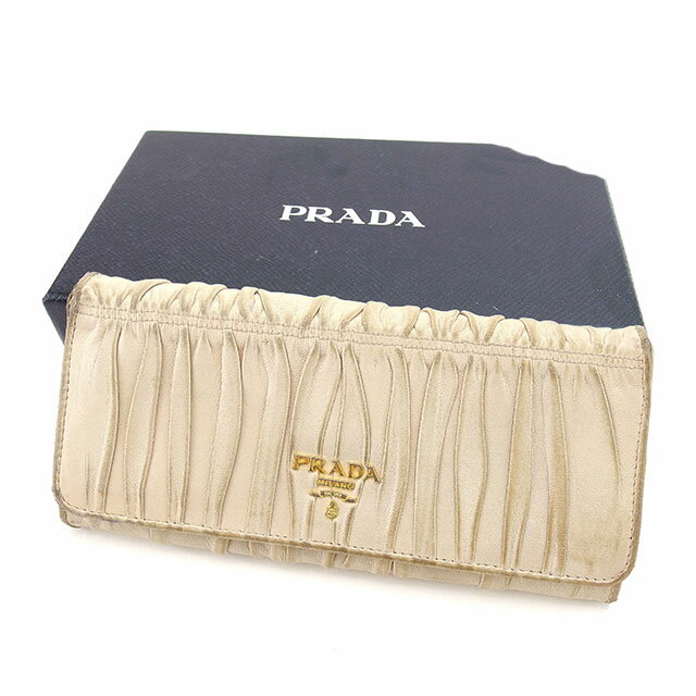 【スプリングセール30％OFF】プラダ ファスナー付き財布 長財布 ベージュ×ゴールド レザー PRADA ファスナー財布 財布 サイフ 収納ブランド財布 ユニセックス 小物 【プラダ】 T15051 【中古】