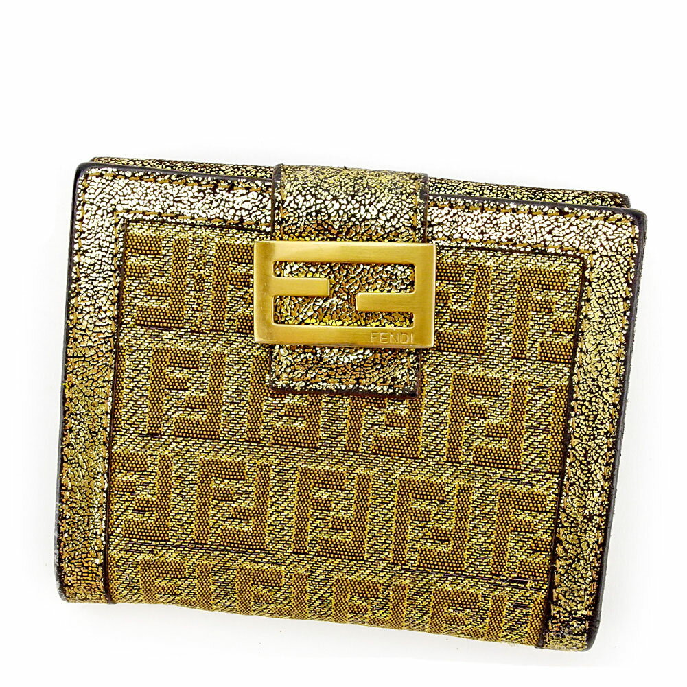 【スプリングセール30％OFF】フェンディ Wホック 財布 二つ折り ズッキーノ ゴールド×ブラック キャンバス×レザー FENDI ホックサイフ ホック財布 財布 サイフ財布 ユニセックス 小物 【フェンディ】 T10602 【中古】