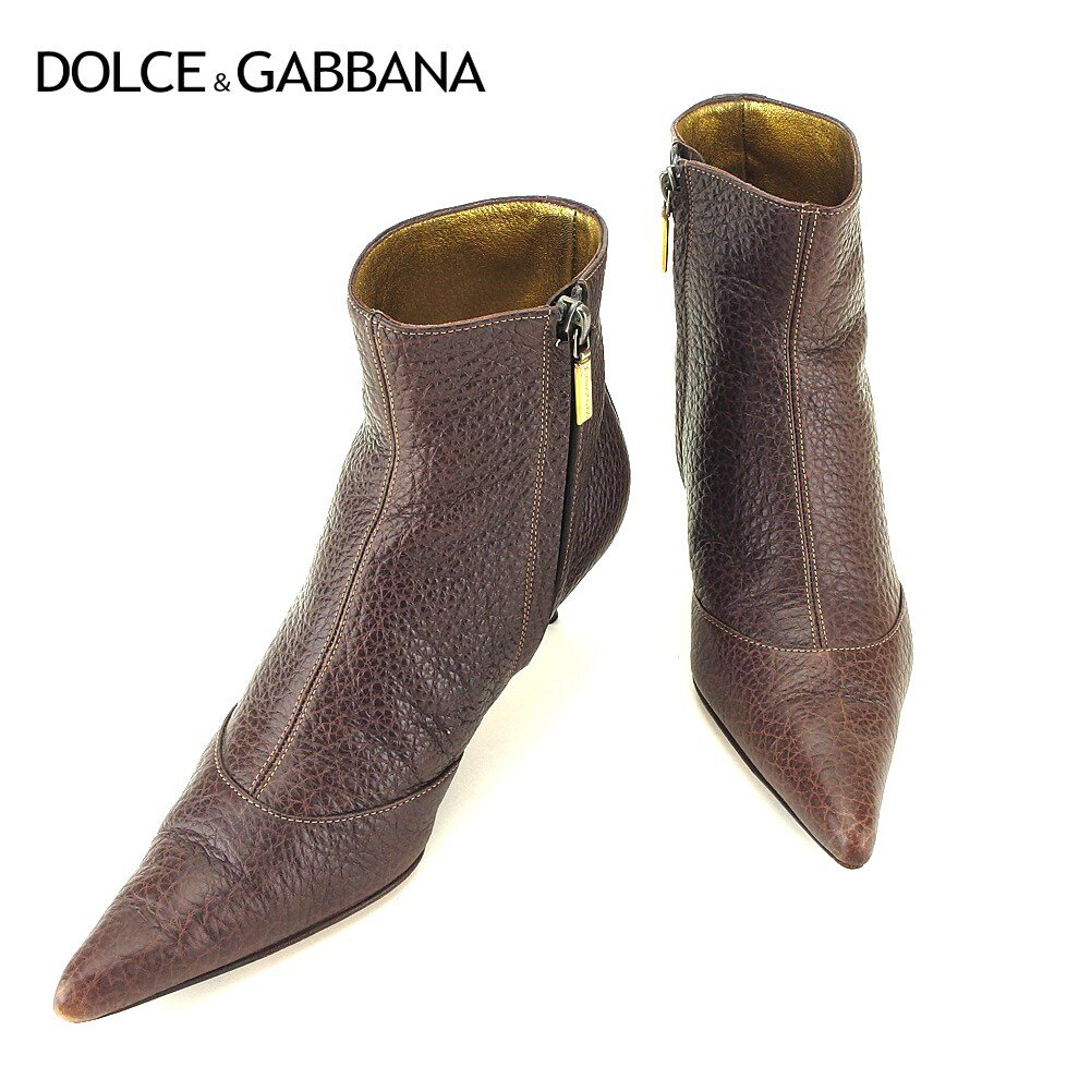 【スプリングセール30％OFF】ドルチェ&ガッバーナ DOLCE&GABBANA ブーツ シューズ 靴 レディース ♯35 ドルガバ ポインテッドトゥ ブラウン ゴールド レザー 【ドルチェ&ガッバーナ】 T10373 【中古】