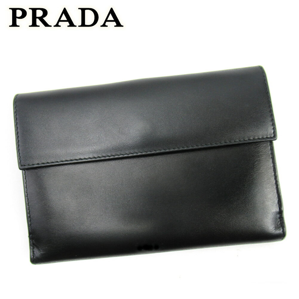 【スプリングセール30％OFF】プラダ Wホック 財布 二つ折り 財布 レディース メンズ ブラック レザー PRADA ホックサイフ ホック財布 財布 サイフブランド財布 ユニセックス 小物 【プラダ】 T16758 【中古】