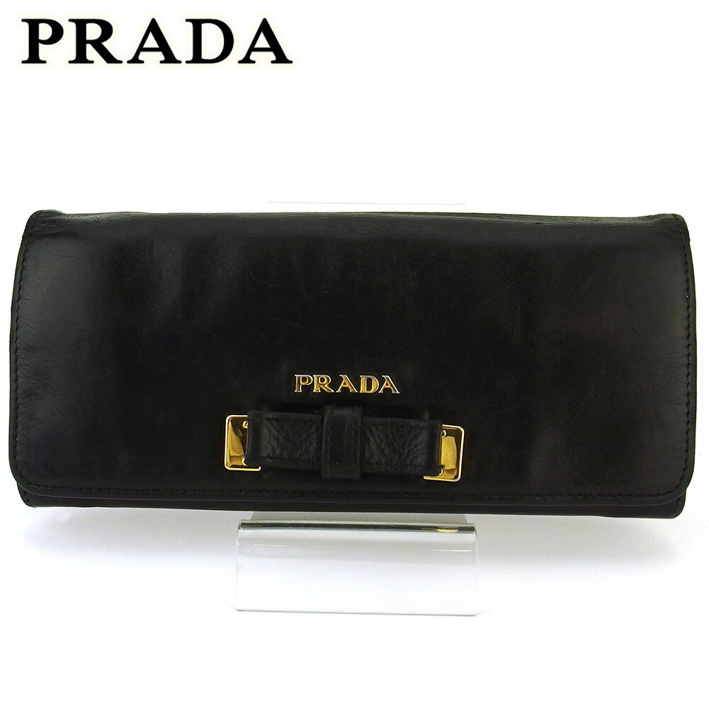 【スプリングセール30％OFF】プラダ 長財布 ファスナー付き 財布 レディース リボンモチーフ ブラック ゴールド レザー PRADA 【プラダ】 t16945s 【中古】