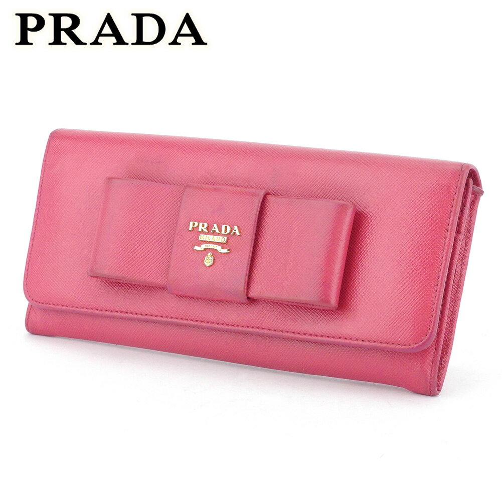 【スプリングセール30％OFF】プラダ 長財布 ファスナー付き 財布 レディース リボン ピンク ゴールド サフィアーノレザー PRADA 【プラダ】 t17173s 【中古】