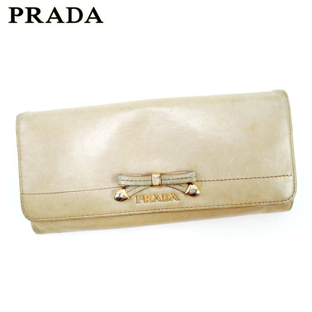 【スプリングセール】プラダ 長財布 ファスナー付き 長財布 リボンモチーフ ベージュ レザー PRADA 長サイフ サイフ 収納ブランド財布 ユニセックス 小物 【プラダ】 T17220 【中古】