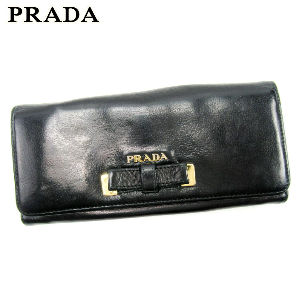 【スプリングセール30％OFF】プラダ 長財布 ファスナー付き 長財布 リボンモチーフ ブラック レザー PRADA 【プラダ】 t17239s 【中古】