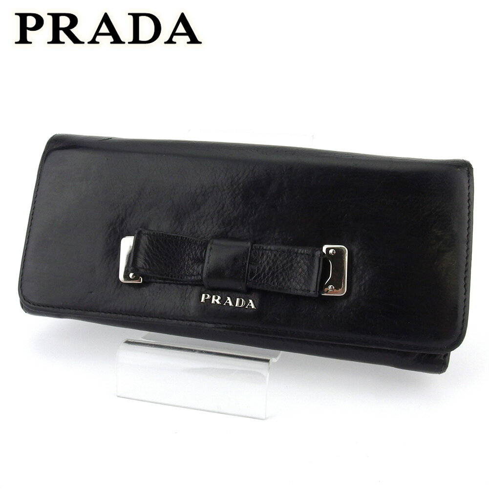 【スプリングセール30％OFF】プラダ 長財布 ファスナー付き 財布 レディース リボン ブラック シルバー レザー PRADA 長サイフ サイフ 収納 ユニセックス 小物 【プラダ】 L2935 【中古】