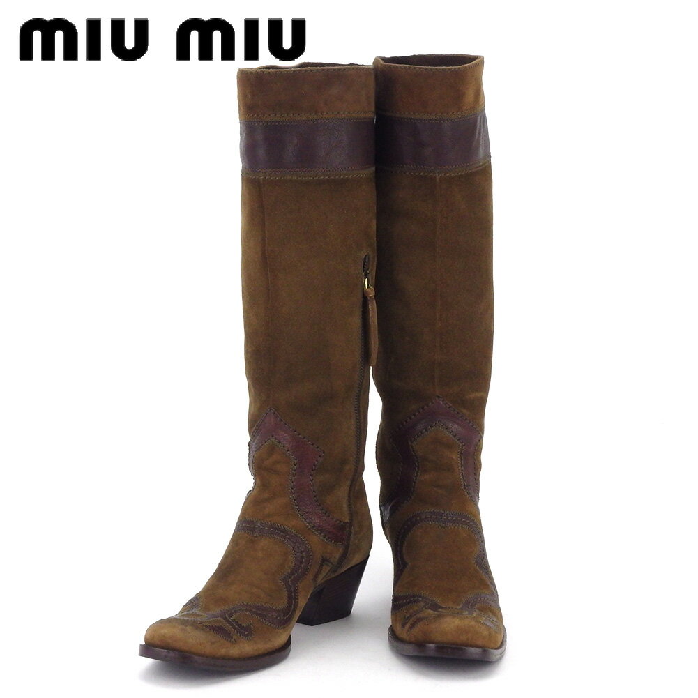 【スプリングセール30％OFF】ミュウミュウ ブーツ シューズ 靴 ♯36 ロング ウエスタン ブラウン ゴールド スエード miu miu 【ミュウミュウ】 t17440s 【中古】