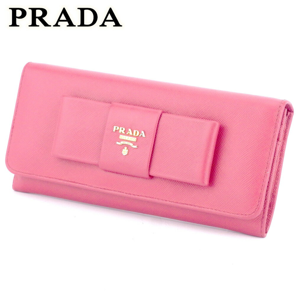 【スプリングセール30％OFF】プラダ 長財布 ファスナー付き 財布 リボン ピンク ゴールド サフィアーノレザー PRADA 長サイフ サイフ 収納ブランド財布 ユニセックス 小物 【プラダ】 T17523 【中古】