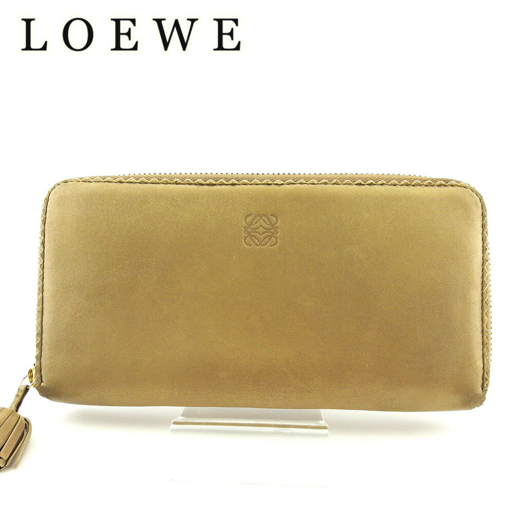 【中古】 ロエベ 長財布 ラウンドファスナー 財布 レディース ミニタッセル付き アナグラム ゴールド レザー LOEWE 【ロエベ】 e1539s