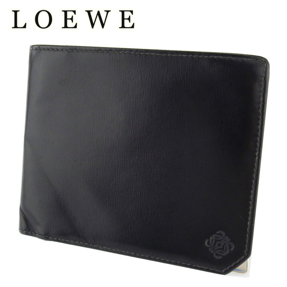 【スプリングセール30％OFF】ロエベ 二つ折り 札入れ ミニ札入れ メンズ アナグラム ブラック シルバー レザー LOEWE 【ロエベ】 t18126s 【中古】