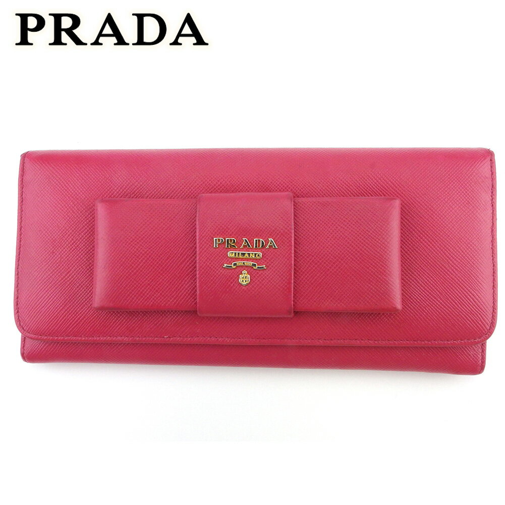 【スプリングセール30％OFF】プラダ 長財布 ファスナー付き 財布 レディース リボン ピンク ゴールド サフィアーノレザー PRADA 【プラダ】 T18178 【中古】