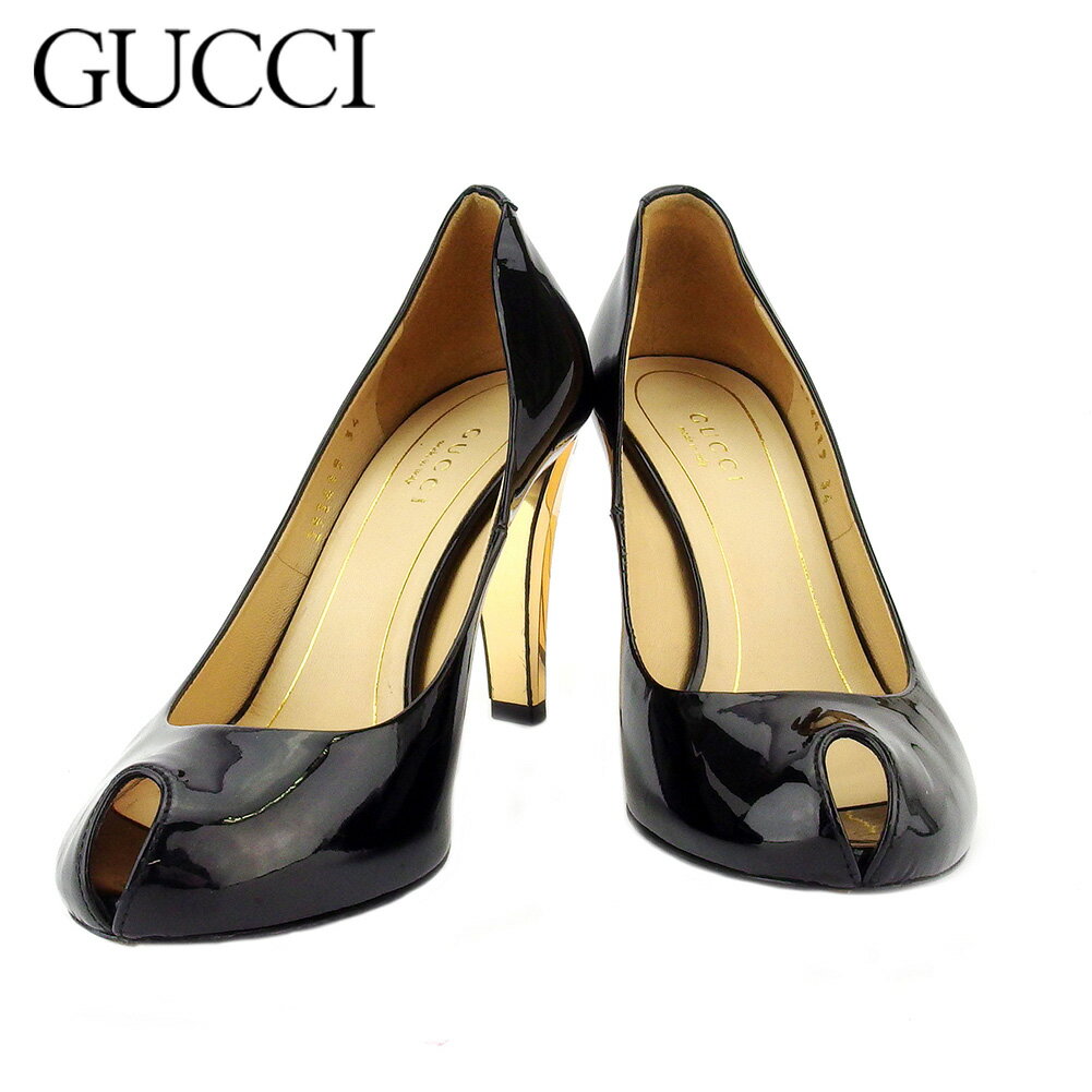 【スプリングセール30％OFF】グッチ パンプス シューズ 靴 レディース #34 ブラック ゴールド エナメルレザー Gucci C4171 【中古】