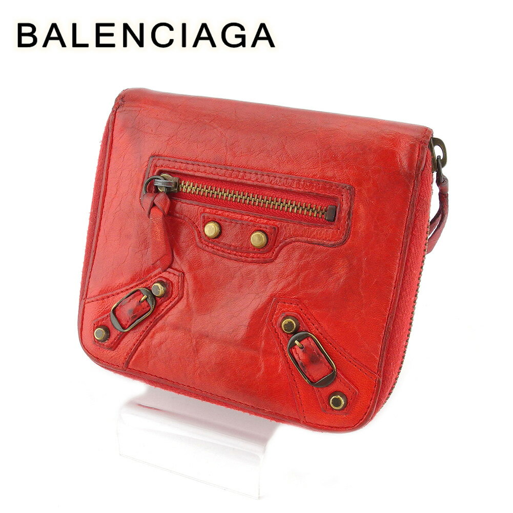 【スプリングセール30％OFF】バレンシアガ 二つ折り ミニ財布 ラウンドファスナー レディース メンズ レッド レザー BALENCIAGA 【バレンシアガ】 t18475s 【中古】