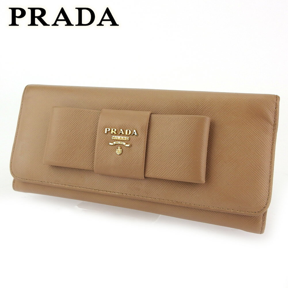 【スプリングセール30％OFF】プラダ 長財布 ファスナー付き 長財布 レディース リボンモチーフ ベージュ レザー PRADA 【プラダ】 G1528 【中古】