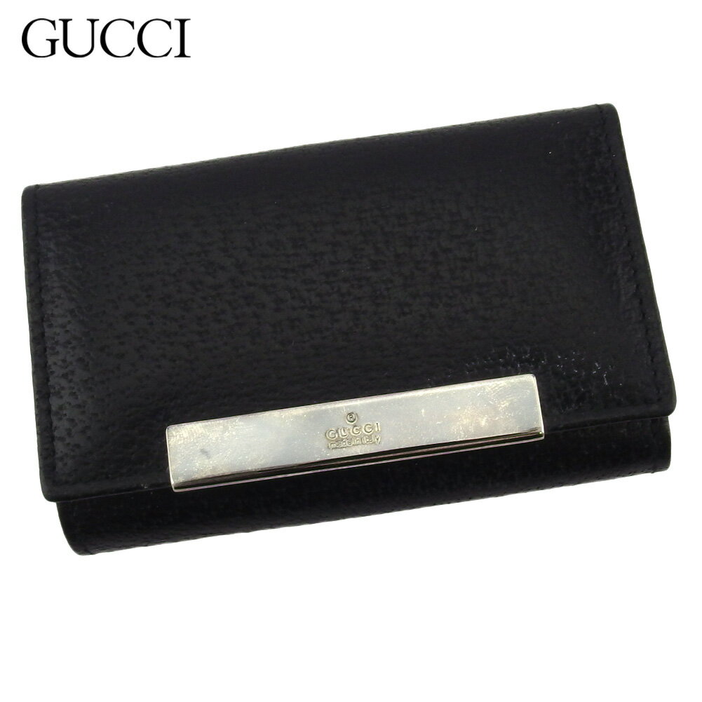 【スプリングセール30％OFF】グッチ キーケース 6連キーケース メンズ ロゴプレート ブラック シルバー レザー GUCCI T18721 【中古】