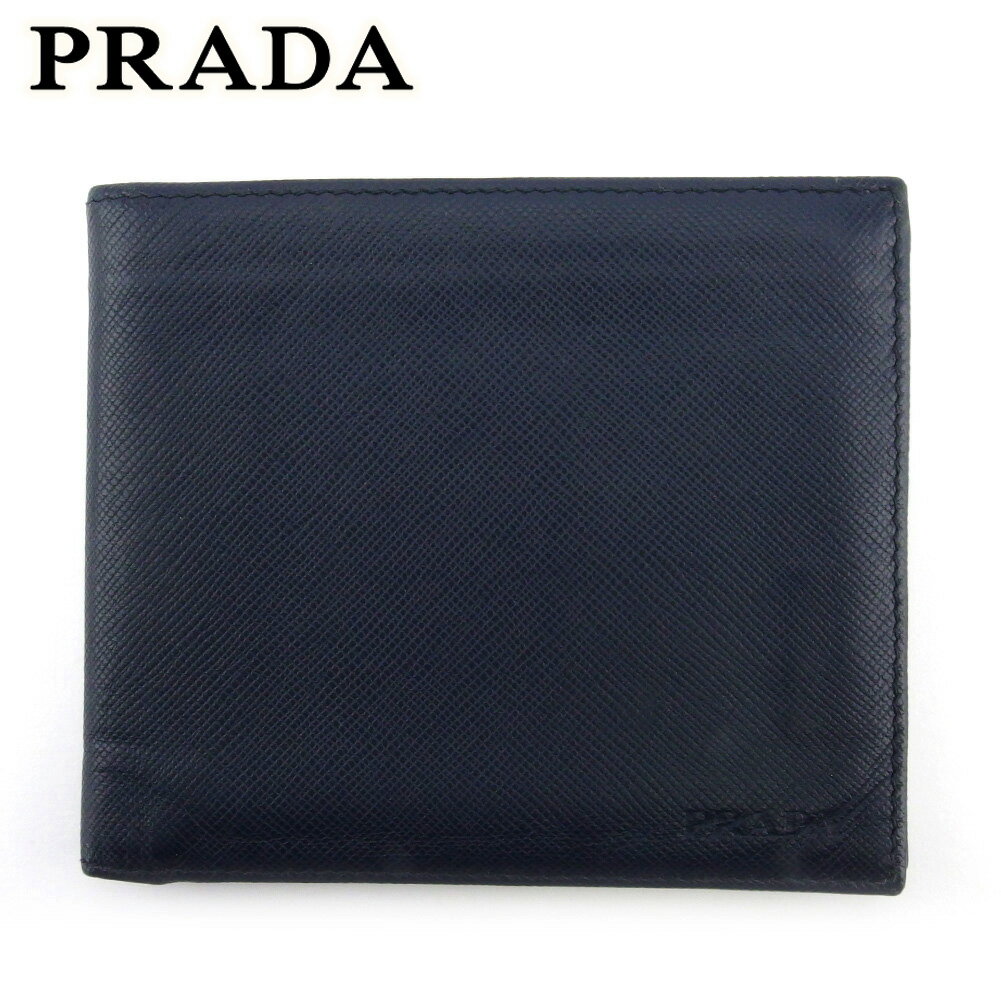 【スプリングセール30％OFF】プラダ 二つ折り 財布 ミニ財布 メンズ ロゴ ネイビー サフィアーノレザー PRADA 【プラダ】 t18785s 【中古】