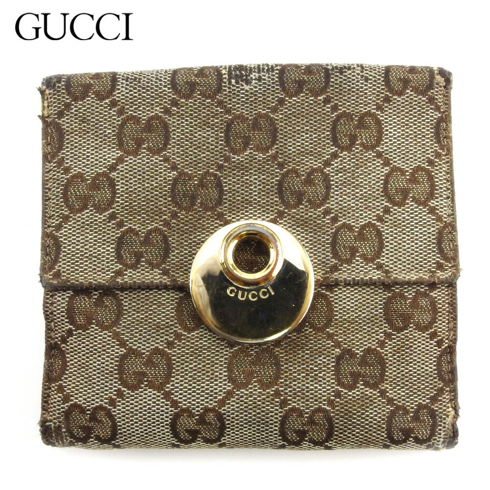 【スプリングセール】グッチ Wホック 財布 二つ折り ミニ財布 レディース エクリプス GGキャンバス ベージュ ブラウン ゴールド キャンバス×レザー GUCCI L3212 【中古】
