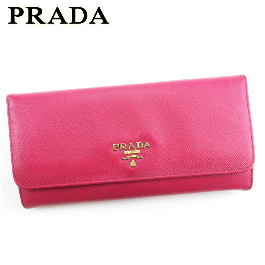 【スプリングセール30％OFF】プラダ 長財布 ファスナー付き 財布 レディース ロゴ ピンク ゴールド サフィアーノレザー PRADA l3214s 【中古】