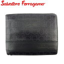 サルヴァトーレ フェラガモ 二つ折り 札入れ ミニ札入れ メンズ ガンチーニ柄 ブラック レザー Salvatore Ferragamo t18937s 【中古】