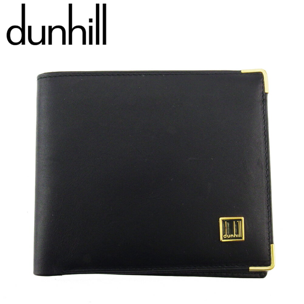 【スプリングセール30％OFF】ダンヒル 二つ折り 札入れ ミニ札入れ メンズ ロゴプレート ブラック ゴールド レザー dunhill t18947s 【中古】