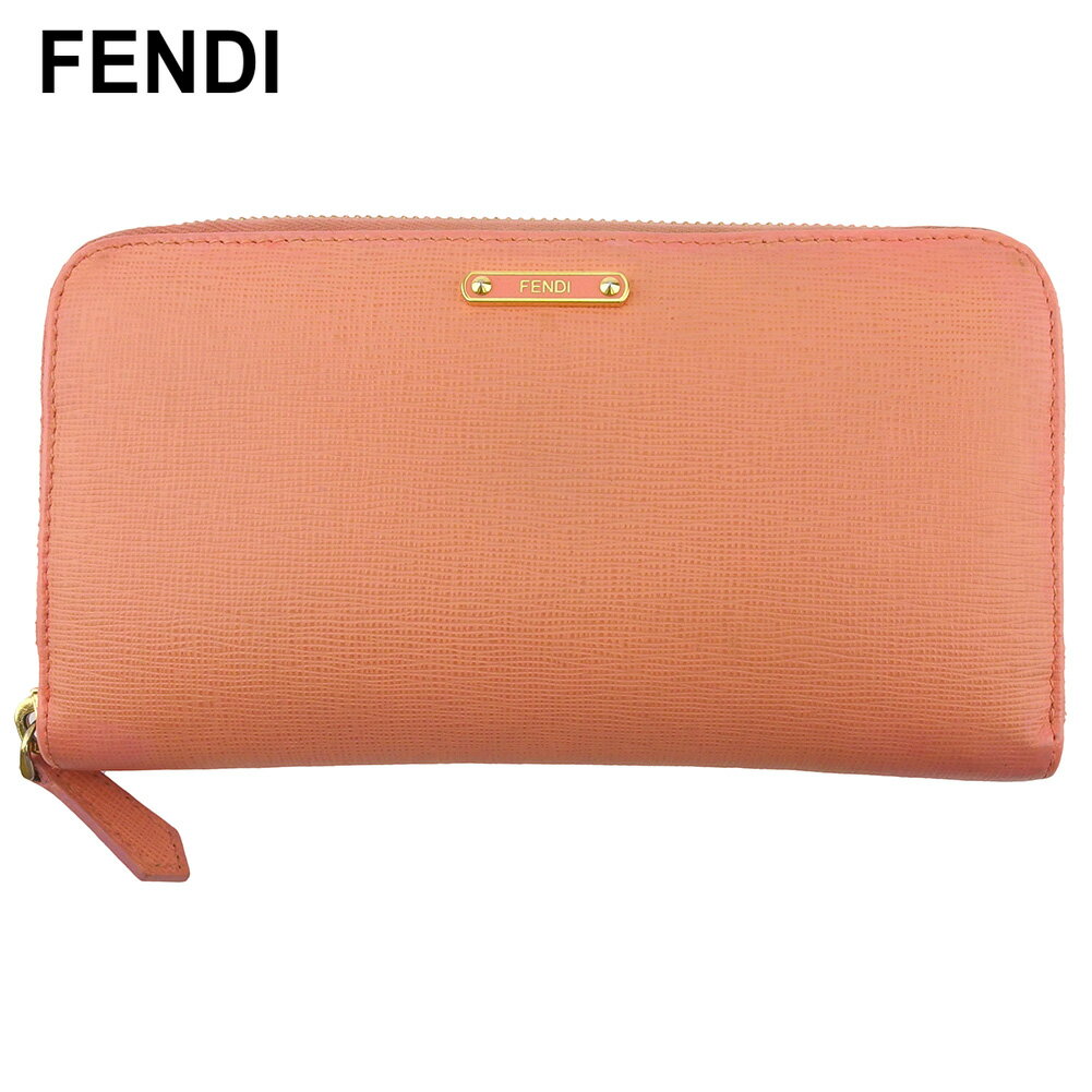 【スプリングセール30％OFF】フェンディ 長財布 ラウンドファスナー 財布 レディース ロゴプレート ピンク ゴールド レザー FENDI d2258s 【中古】